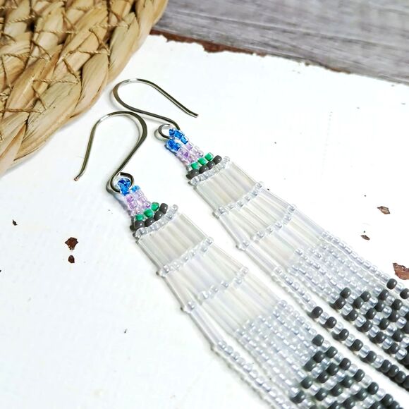 Long Boho Beaded Cascade Fringe Dangle Earrings, Seed Bead Jewelry 8" - Picture 7 of 7